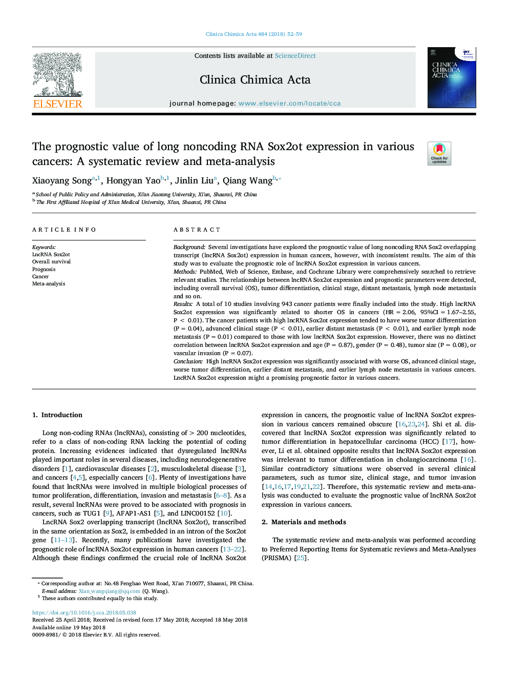 The prognostic value of long noncoding RNA Sox2ot expression in various cancers: A systematic review and meta-analysis