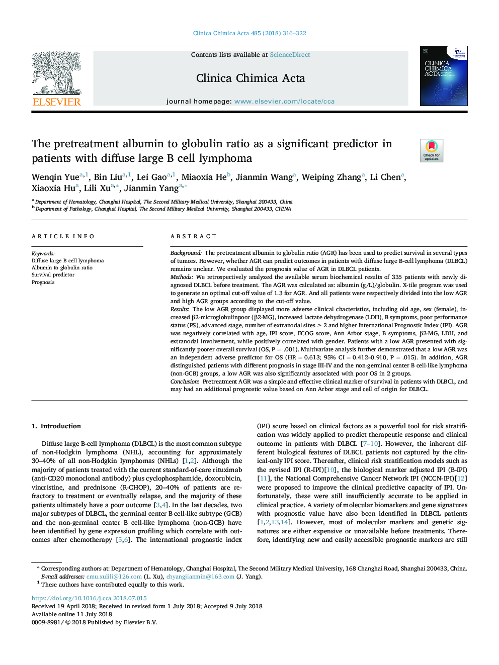 The pretreatment albumin to globulin ratio as a significant predictor in patients with diffuse large B cell lymphoma