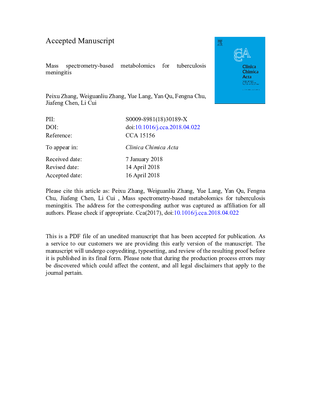 Mass spectrometry-based metabolomics for tuberculosis meningitis