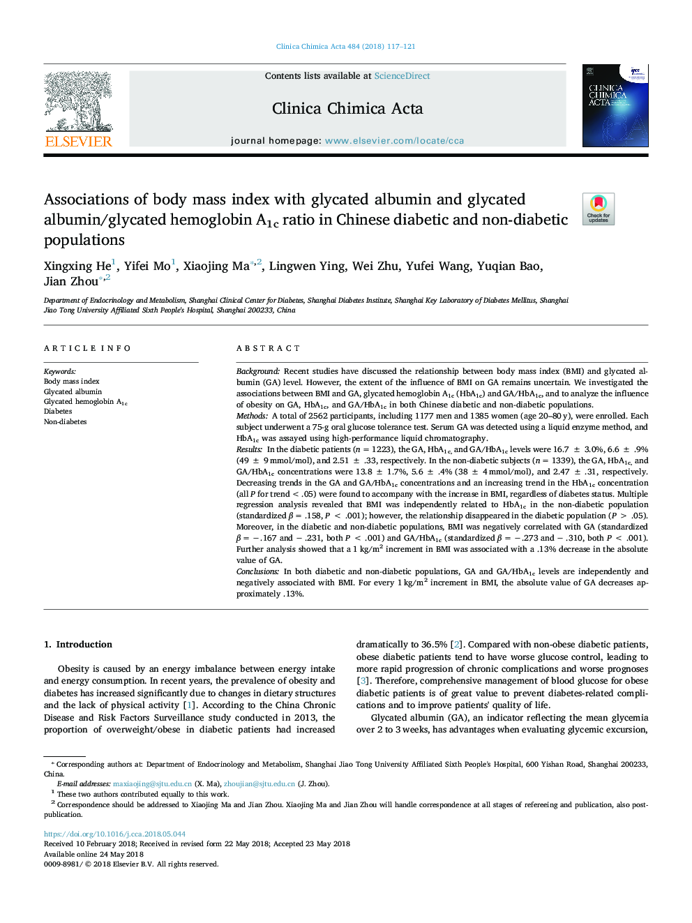 Associations of body mass index with glycated albumin and glycated albumin/glycated hemoglobin A1c ratio in Chinese diabetic and non-diabetic populations