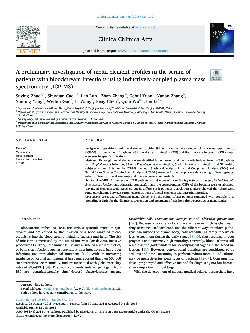 A preliminary investigation of metal element profiles in the serum of patients with bloodstream infections using inductively-coupled plasma mass spectrometry (ICP-MS)