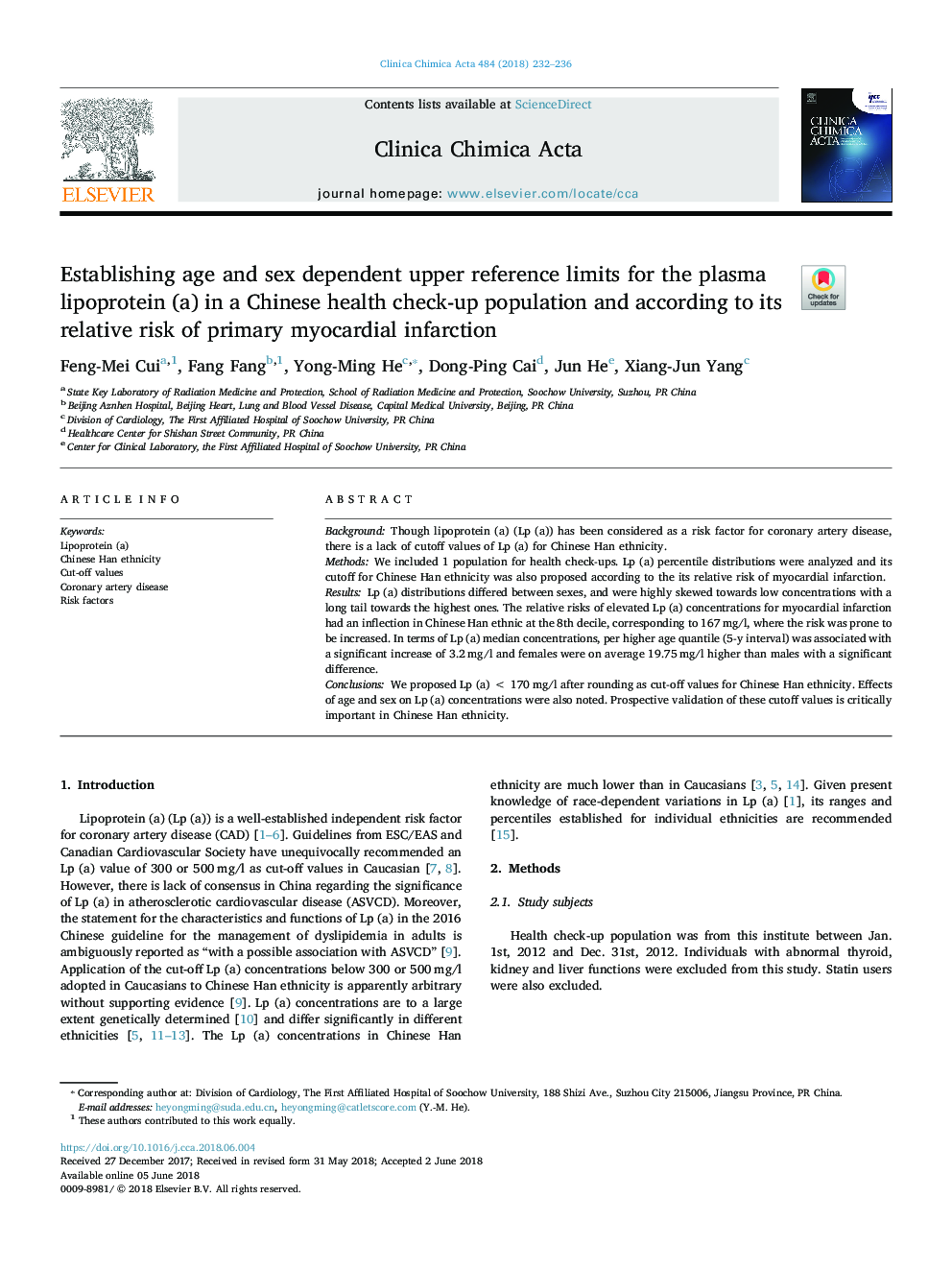 Establishing age and sex dependent upper reference limits for the plasma lipoprotein (a) in a Chinese health check-up population and according to its relative risk of primary myocardial infarction