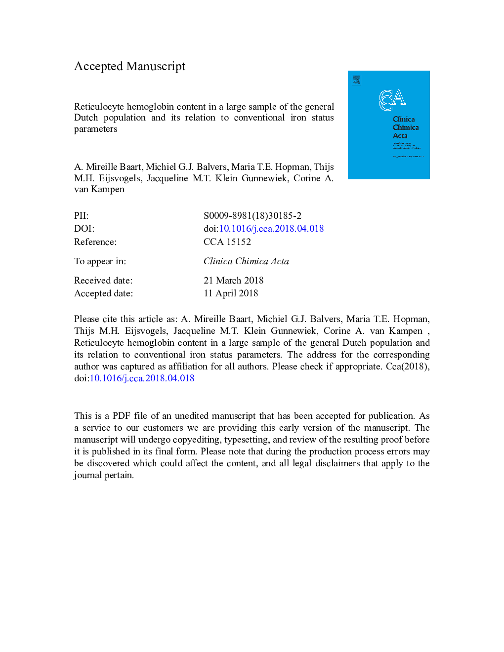 Reticulocyte hemoglobin content in a large sample of the general Dutch population and its relation to conventional iron status parameters