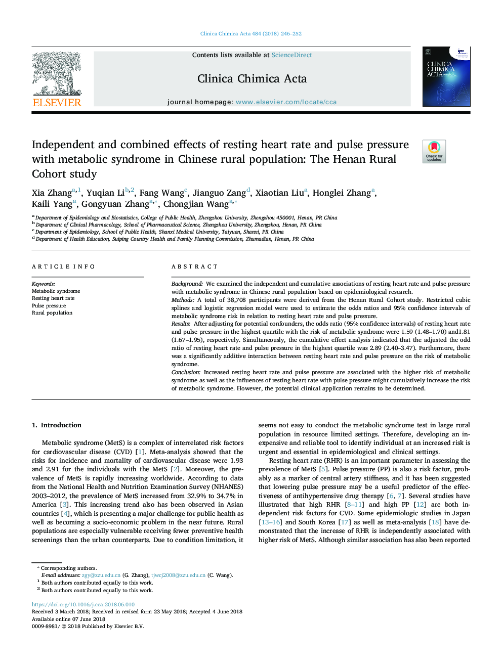 Independent and combined effects of resting heart rate and pulse pressure with metabolic syndrome in Chinese rural population: The Henan Rural Cohort study