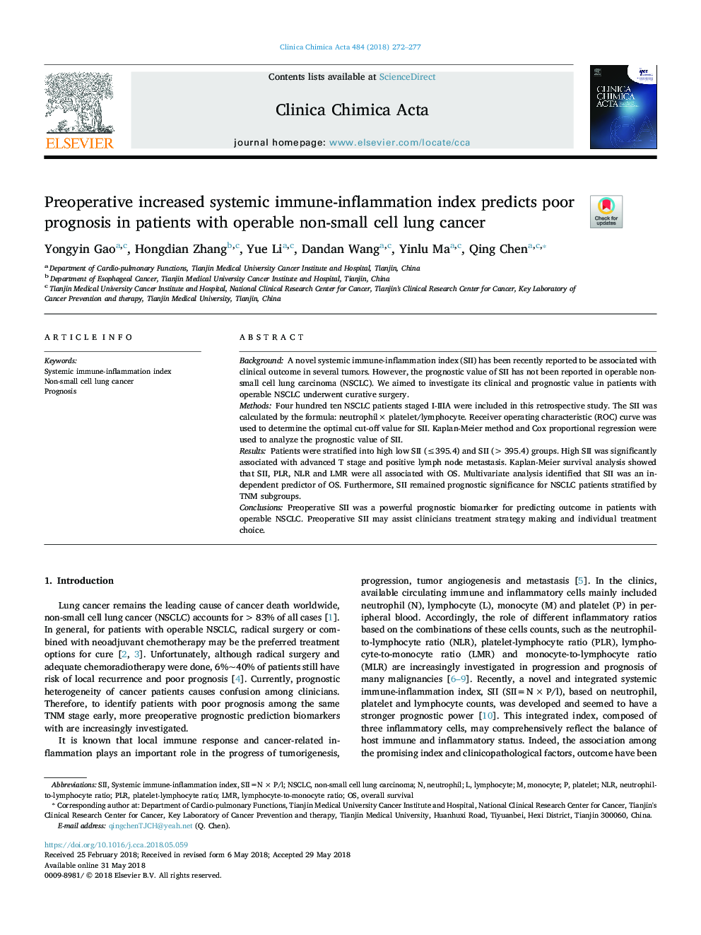 Preoperative increased systemic immune-inflammation index predicts poor prognosis in patients with operable non-small cell lung cancer