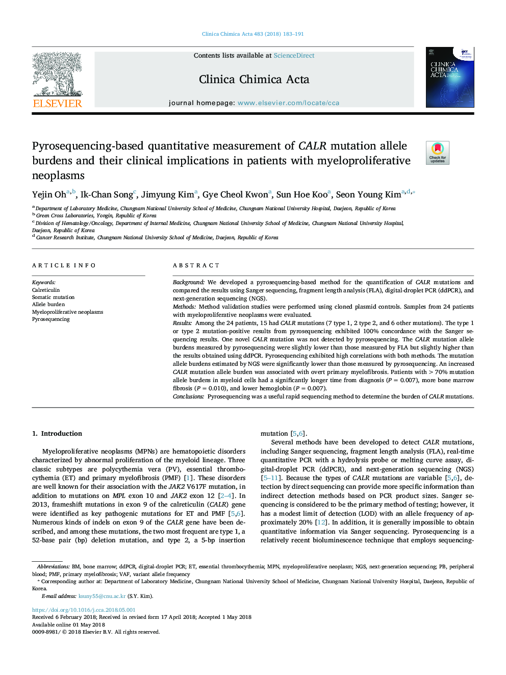 Pyrosequencing-based quantitative measurement of CALR mutation allele burdens and their clinical implications in patients with myeloproliferative neoplasms