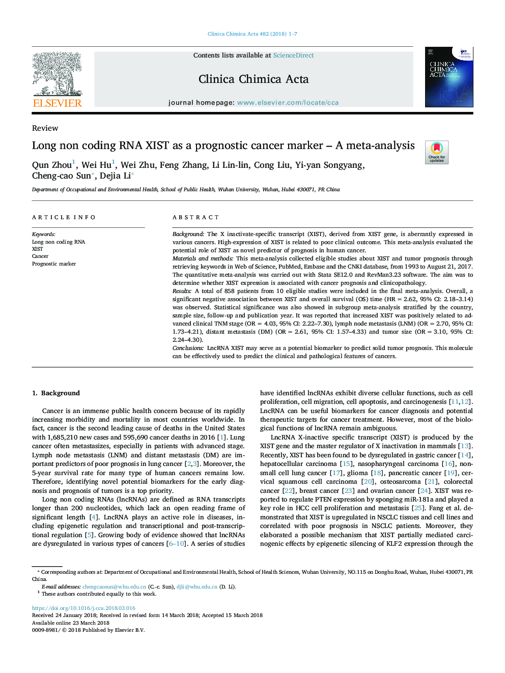 Long non coding RNA XIST as a prognostic cancer marker - A meta-analysis