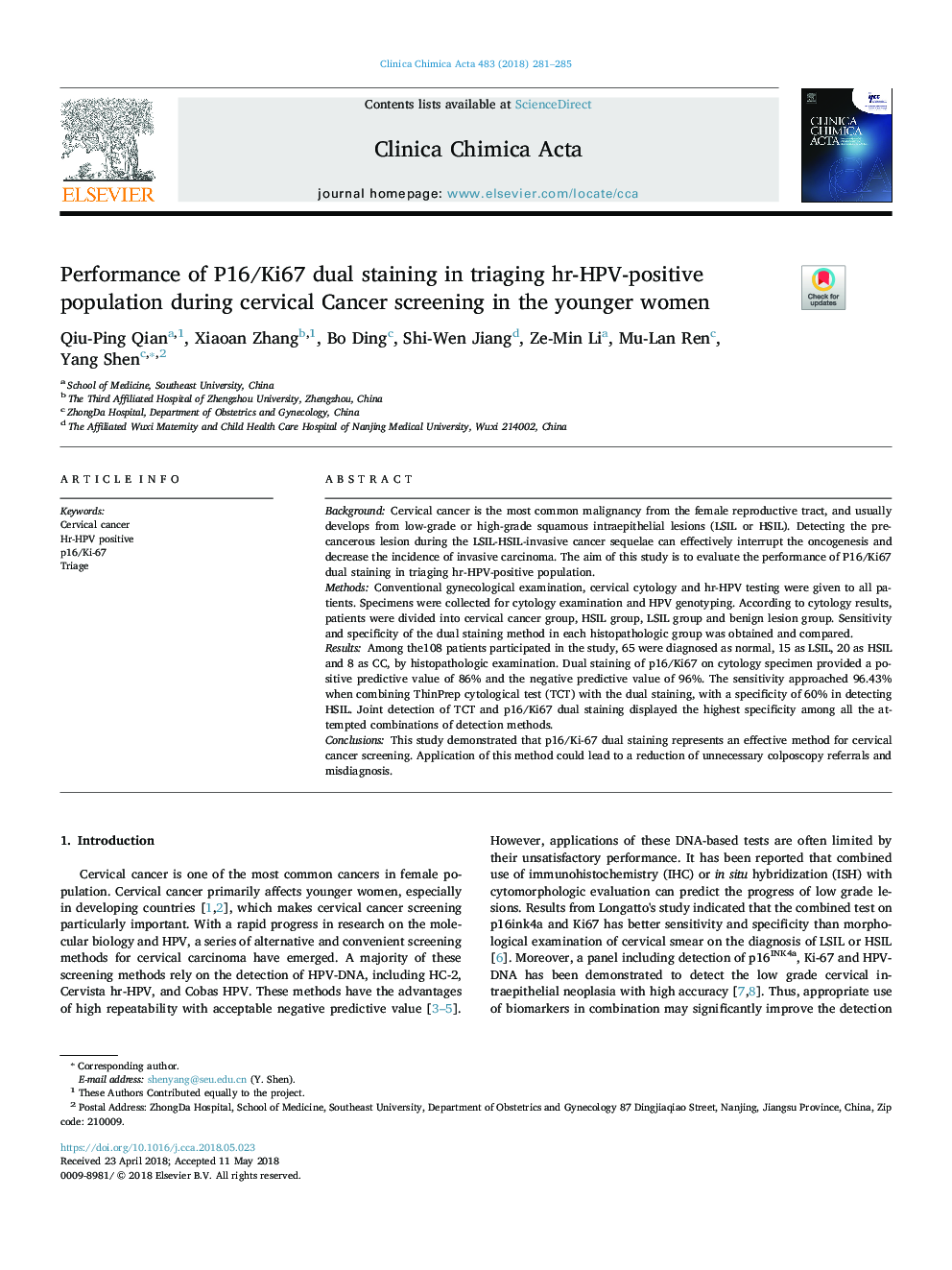 عکس صفحه اول مقاله: Performance of P16/Ki67 dual staining in triaging hr-HPV-positive population during cervical Cancer screening in the younger women Performance of P16/Ki67 dual staining in triaging hr-HPV-positive population during cervical Cancer screening in the younger women