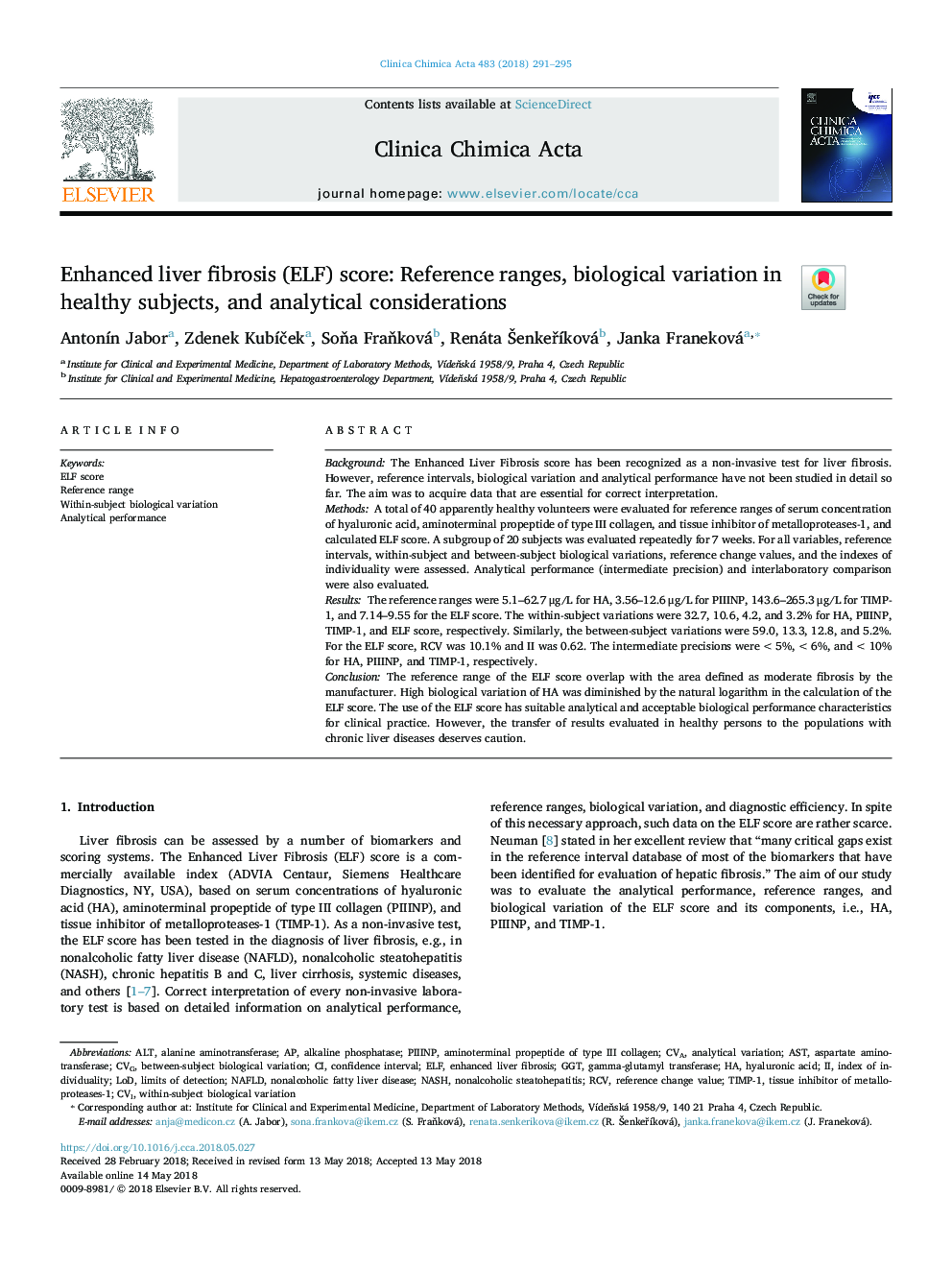 Enhanced liver fibrosis (ELF) score: Reference ranges, biological variation in healthy subjects, and analytical considerations