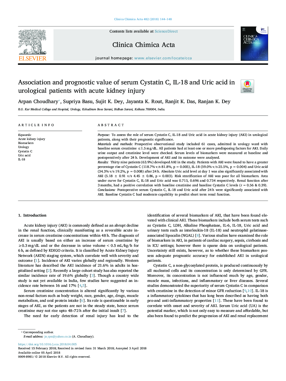 Association and prognostic value of serum Cystatin C, IL-18 and Uric acid in urological patients with acute kidney injury