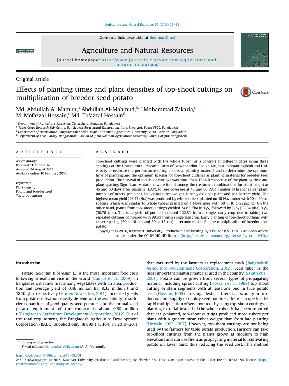 Effects of planting times and plant densities of top-shoot cuttings on multiplication of breeder seed potato