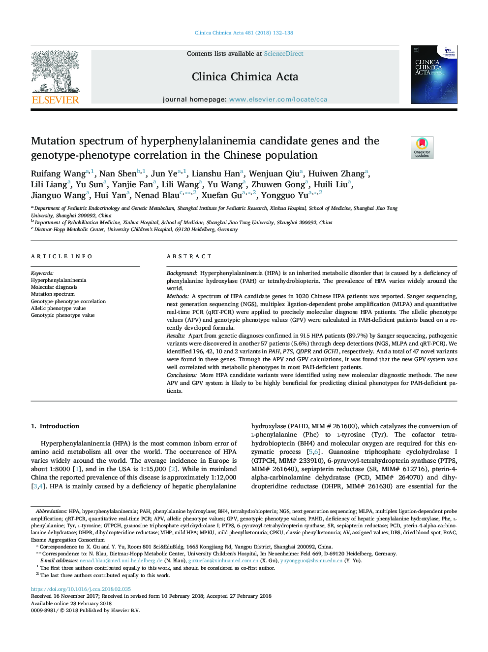 Mutation spectrum of hyperphenylalaninemia candidate genes and the genotype-phenotype correlation in the Chinese population