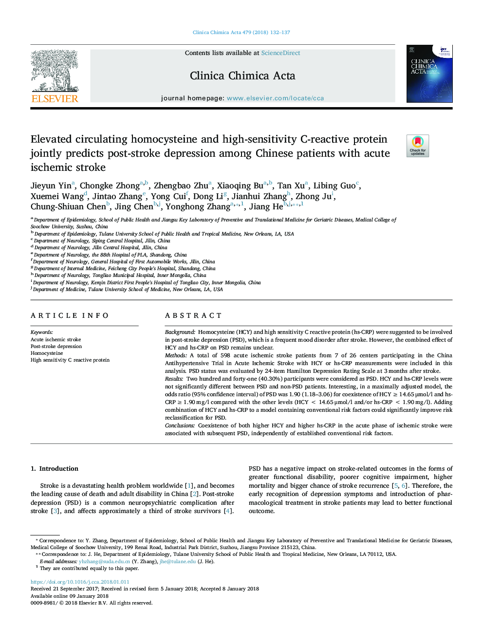 Elevated circulating homocysteine and high-sensitivity C-reactive protein jointly predicts post-stroke depression among Chinese patients with acute ischemic stroke