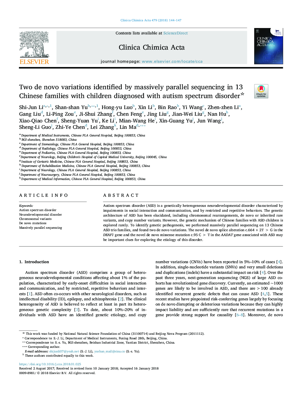 Two de novo variations identified by massively parallel sequencing in 13 Chinese families with children diagnosed with autism spectrum disorder