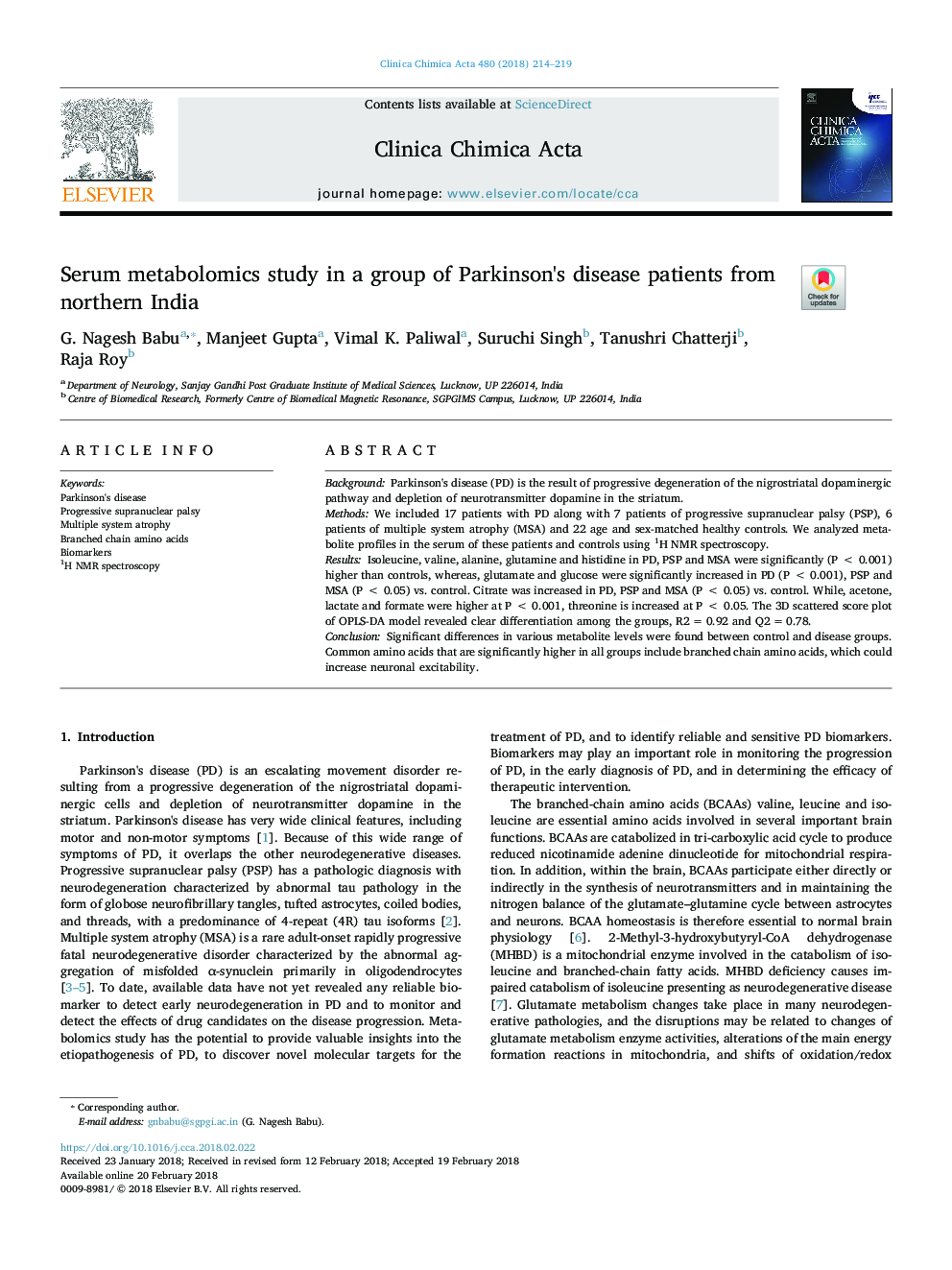 Serum metabolomics study in a group of Parkinson's disease patients from northern India