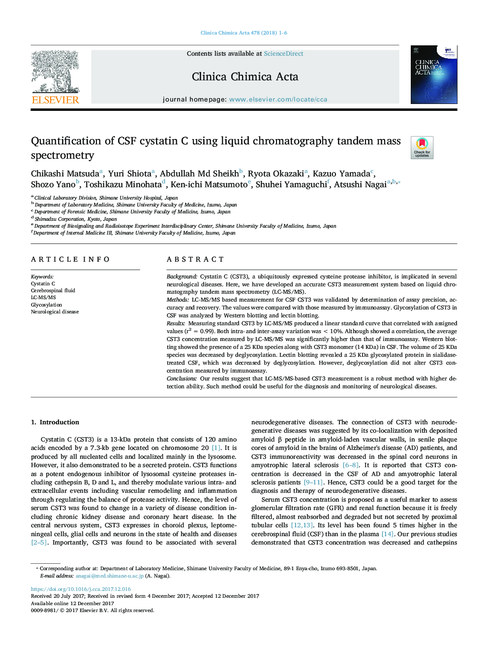 Quantification of CSF cystatin C using liquid chromatography tandem mass spectrometry
