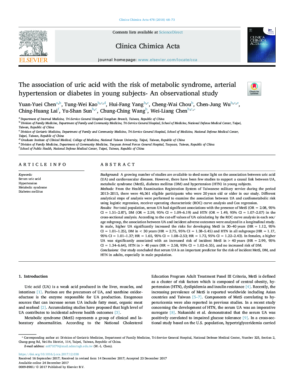 The association of uric acid with the risk of metabolic syndrome, arterial hypertension or diabetes in young subjects- An observational study