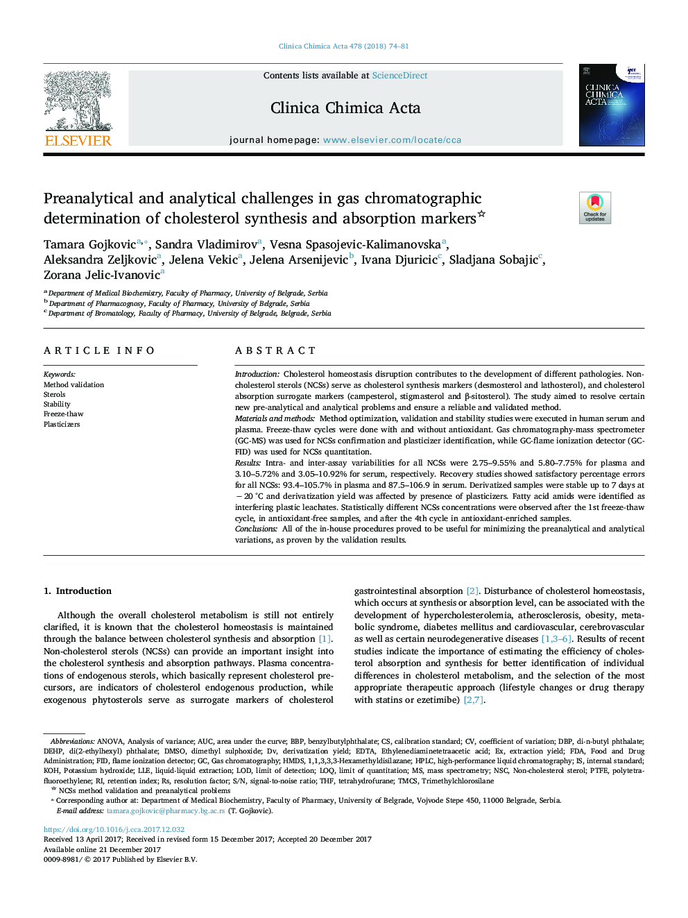 Preanalytical and analytical challenges in gas chromatographic determination of cholesterol synthesis and absorption markers