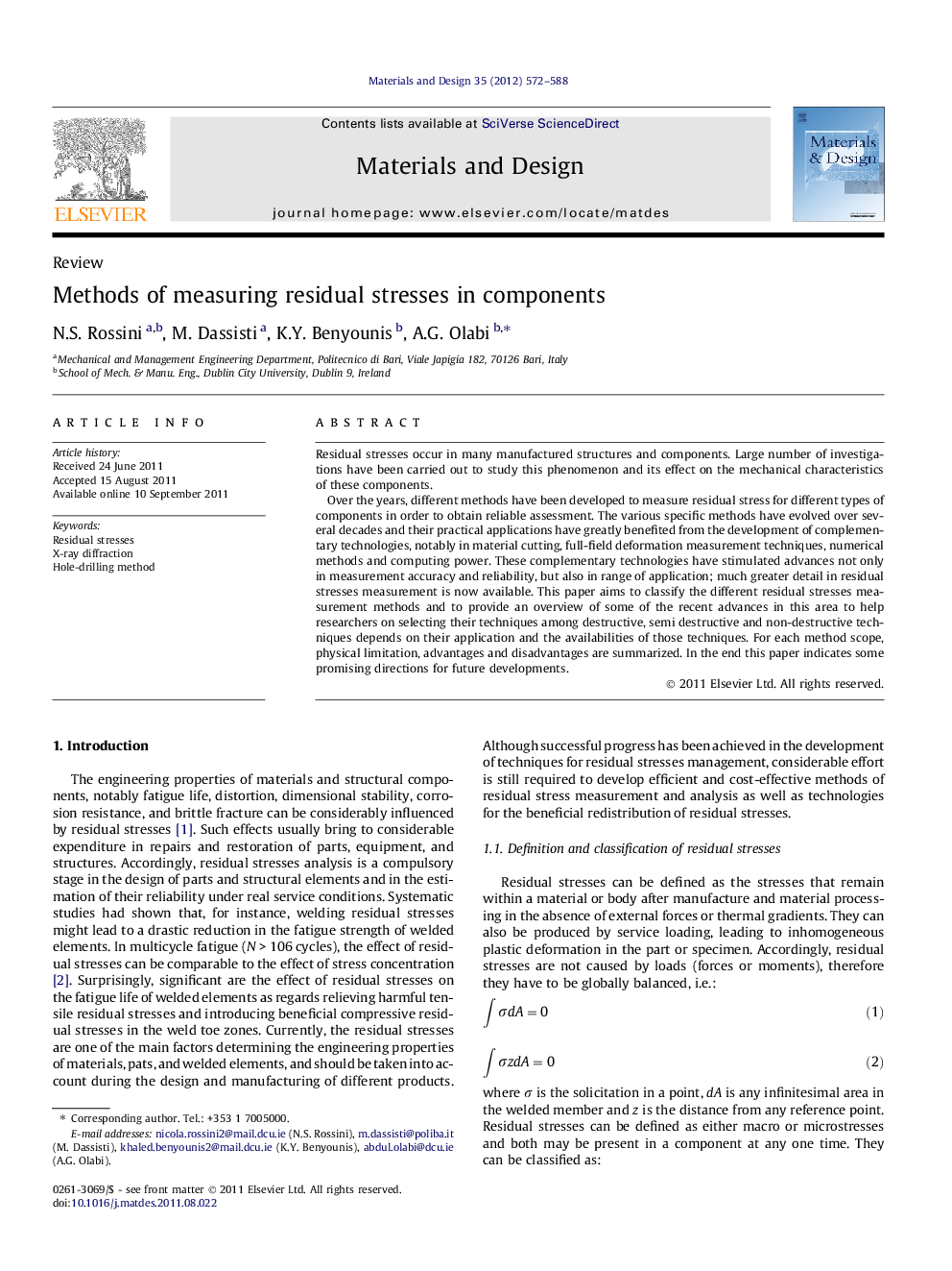 Methods of measuring residual stresses in components