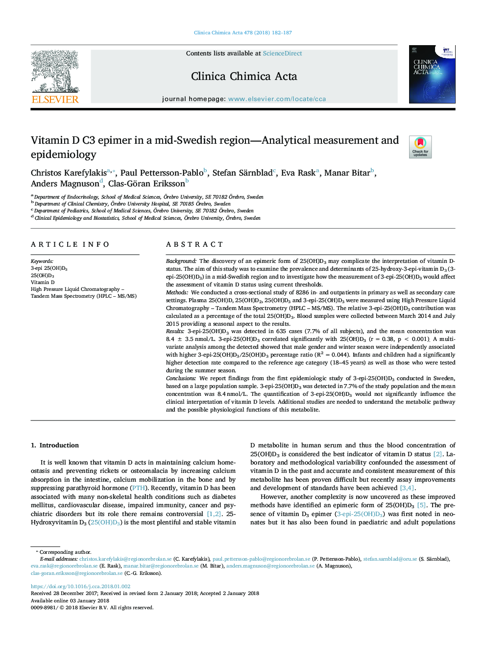 Vitamin D C3 epimer in a mid-Swedish region-Analytical measurement and epidemiology