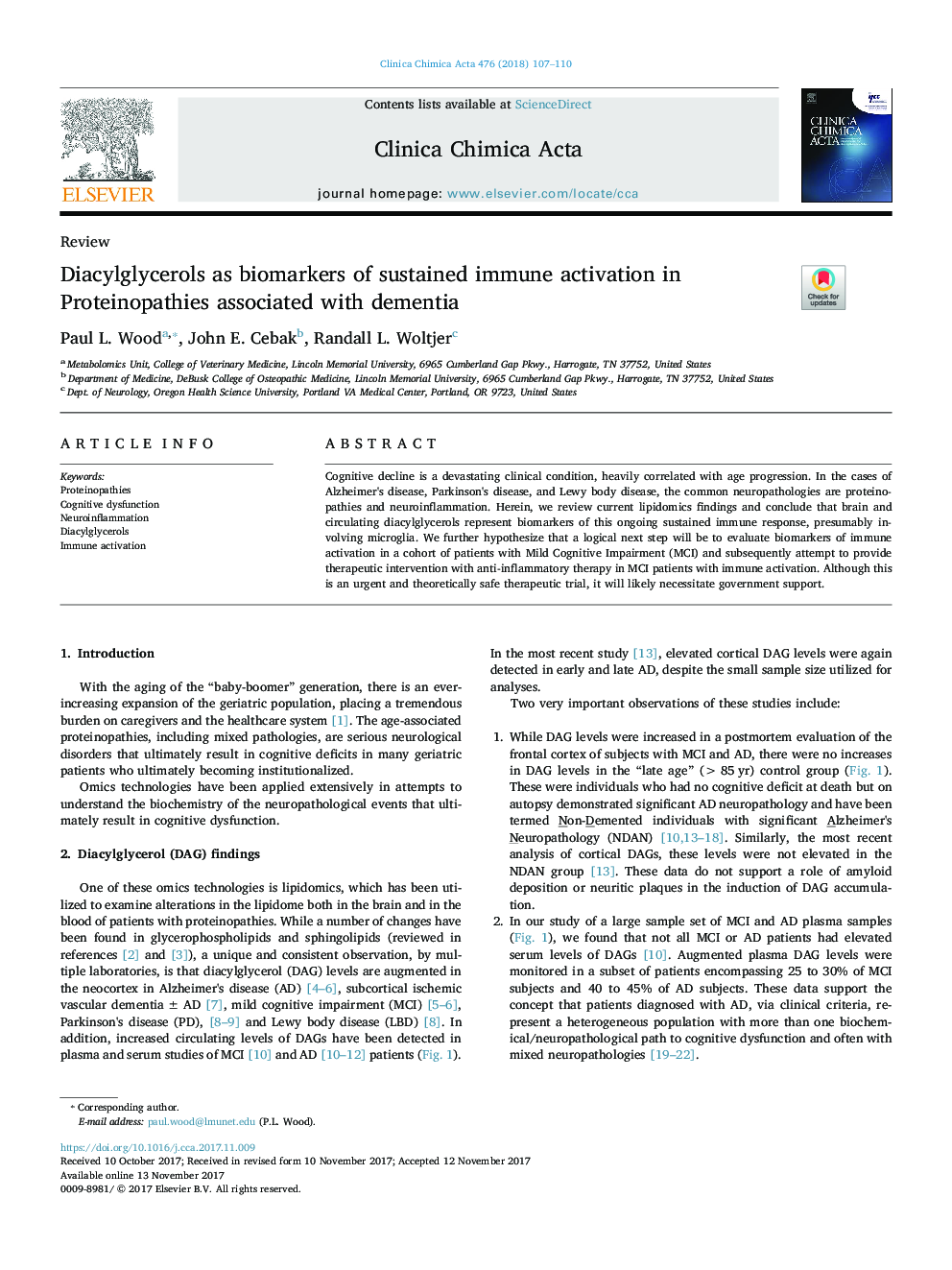 Diacylglycerols as biomarkers of sustained immune activation in Proteinopathies associated with dementia