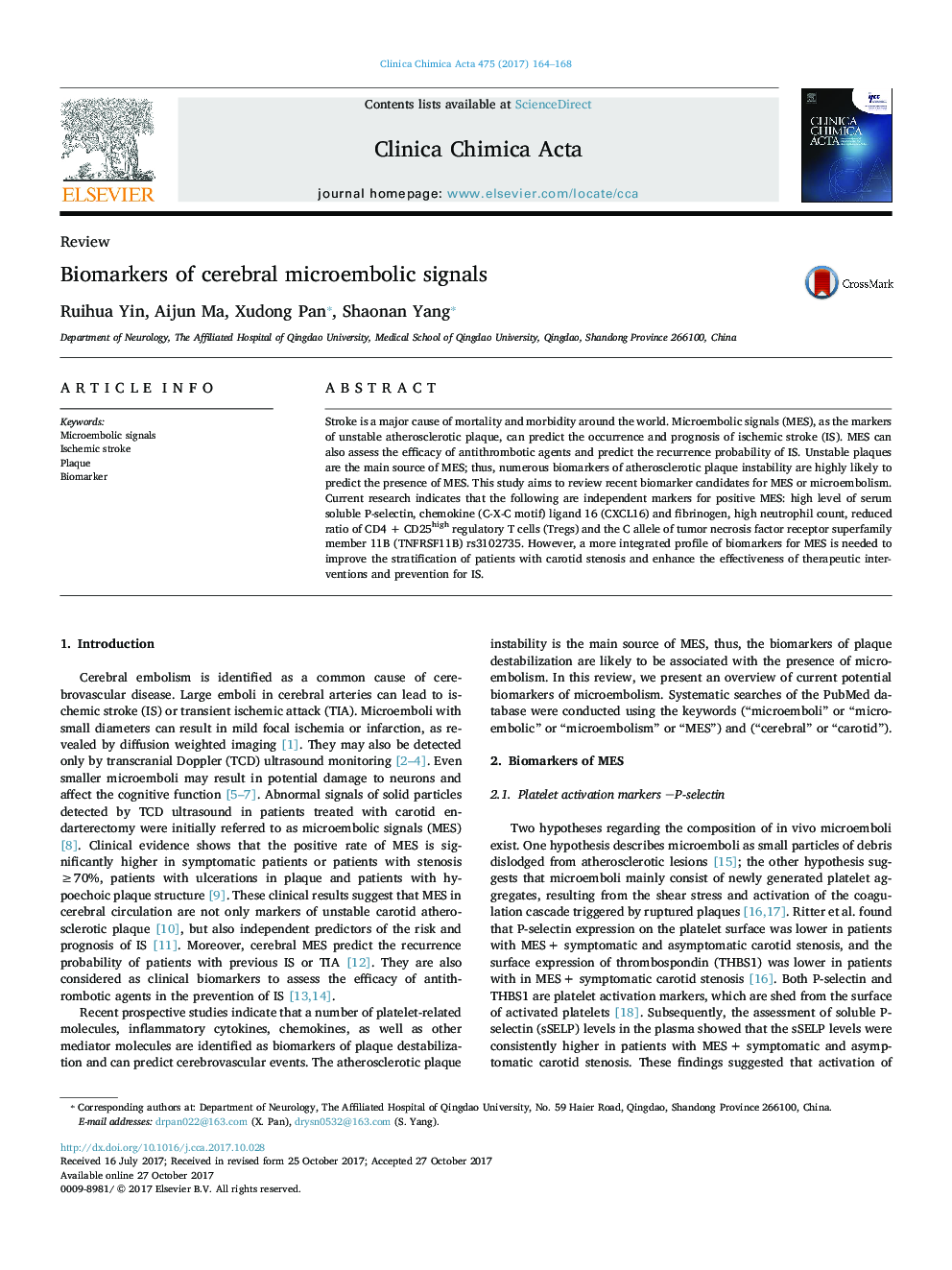 Biomarkers of cerebral microembolic signals