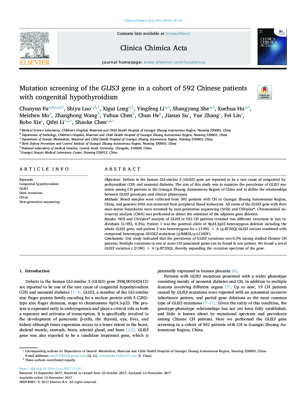 Mutation screening of the GLIS3 gene in a cohort of 592 Chinese patients with congenital hypothyroidism