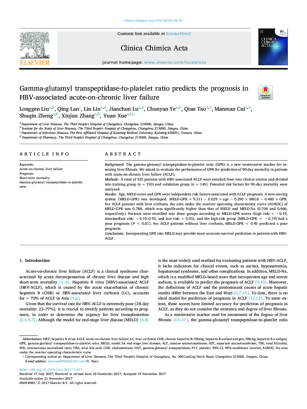 Gamma-glutamyl transpeptidase-to-platelet ratio predicts the prognosis in HBV-associated acute-on-chronic liver failure