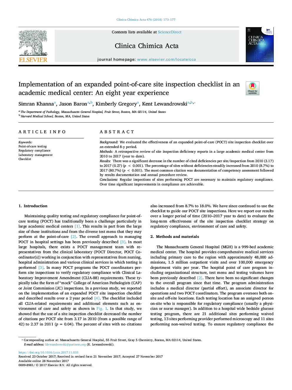 Implementation of an expanded point-of-care site inspection checklist in an academic medical center: An eight year experience