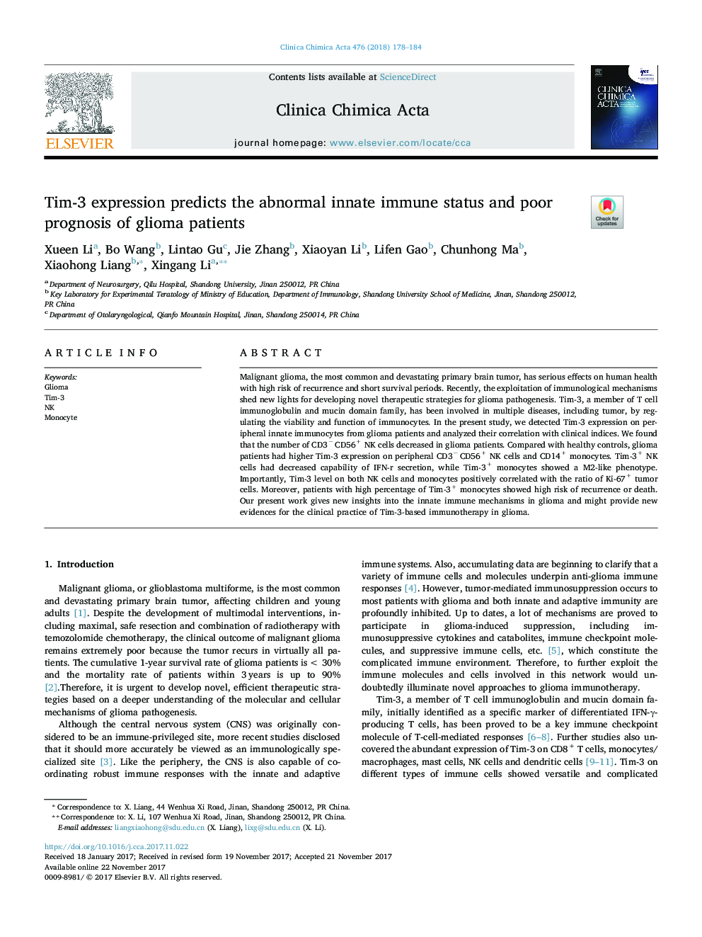 Tim-3 expression predicts the abnormal innate immune status and poor prognosis of glioma patients