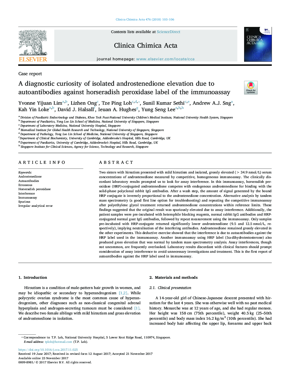 A diagnostic curiosity of isolated androstenedione elevation due to autoantibodies against horseradish peroxidase label of the immunoassay