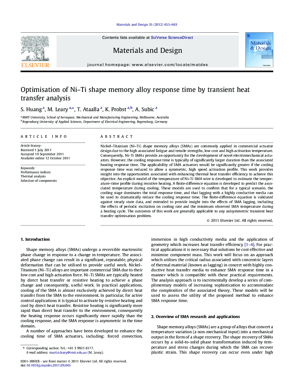 Optimisation of Ni–Ti shape memory alloy response time by transient heat transfer analysis