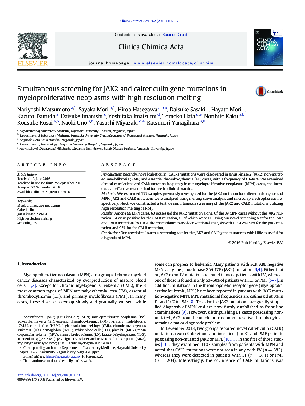 Simultaneous screening for JAK2 and calreticulin gene mutations in myeloproliferative neoplasms with high resolution melting