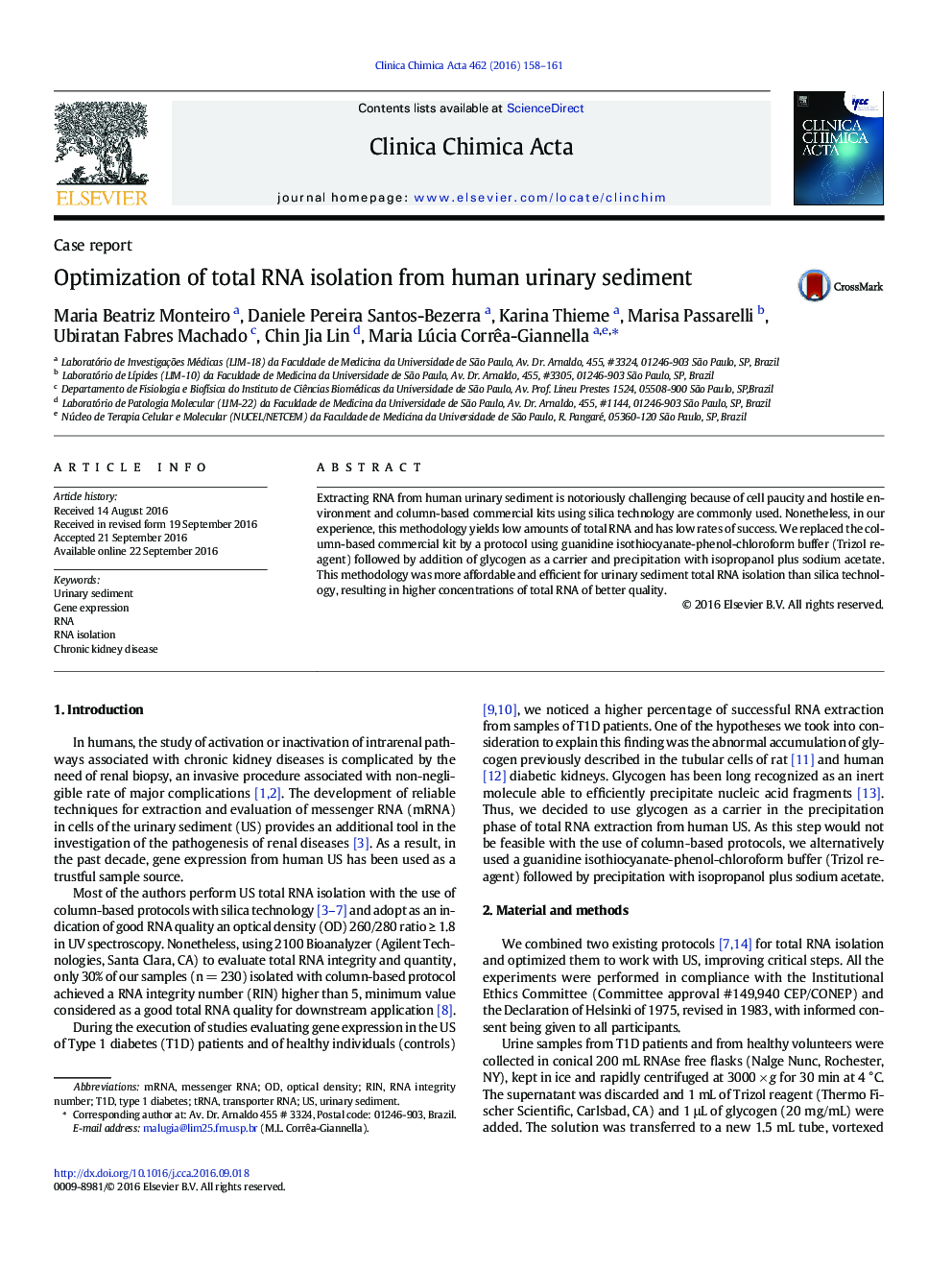 Optimization of total RNA isolation from human urinary sediment