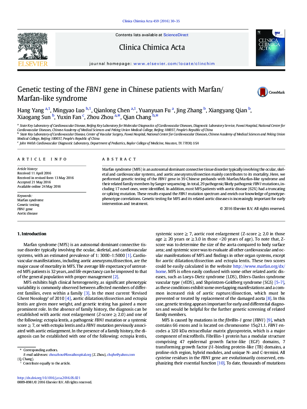 Genetic testing of the FBN1 gene in Chinese patients with Marfan/Marfan-like syndrome