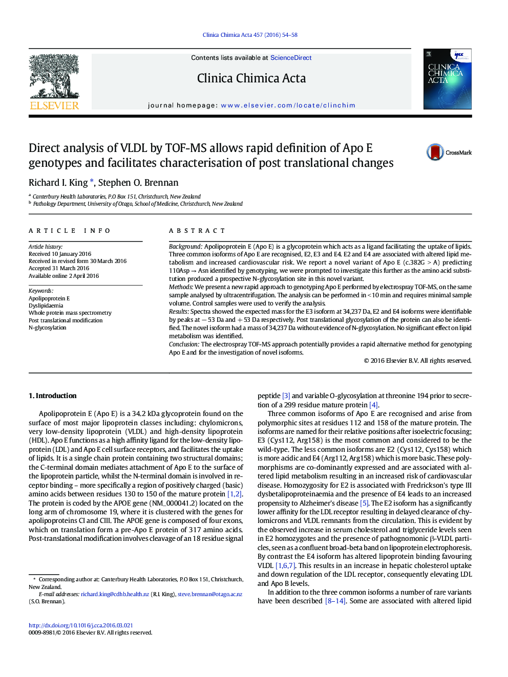 Direct analysis of VLDL by TOF-MS allows rapid definition of Apo E genotypes and facilitates characterisation of post translational changes