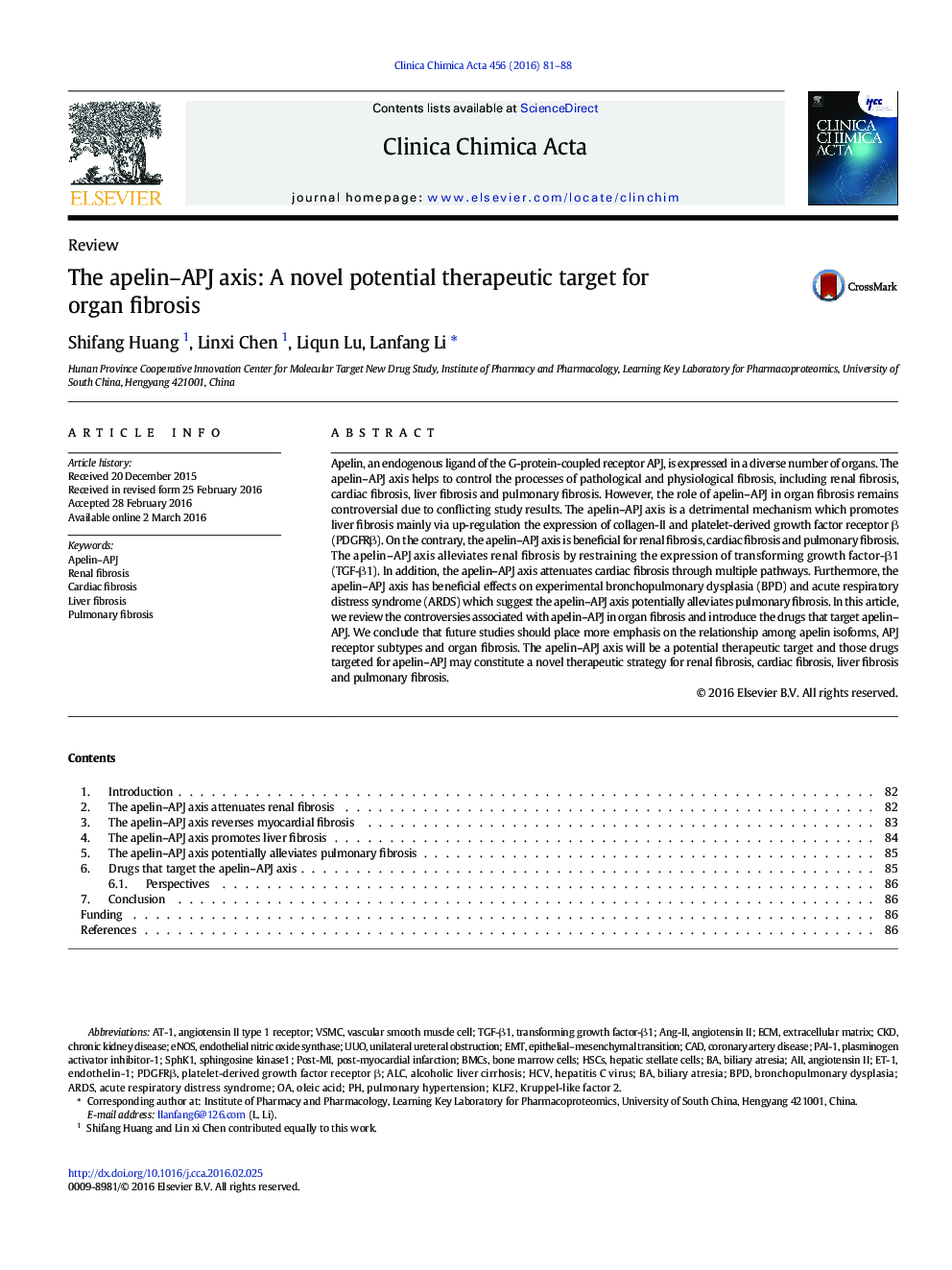 The apelin-APJ axis: A novel potential therapeutic target for organ fibrosis