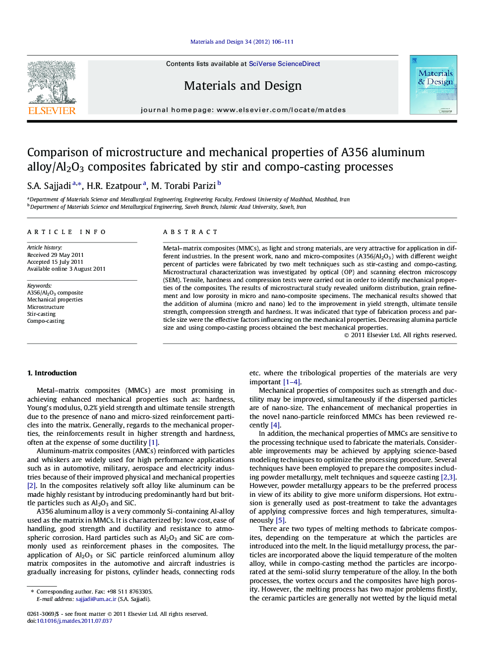 Comparison of microstructure and mechanical properties of A356 aluminum alloy/Al2O3 composites fabricated by stir and compo-casting processes