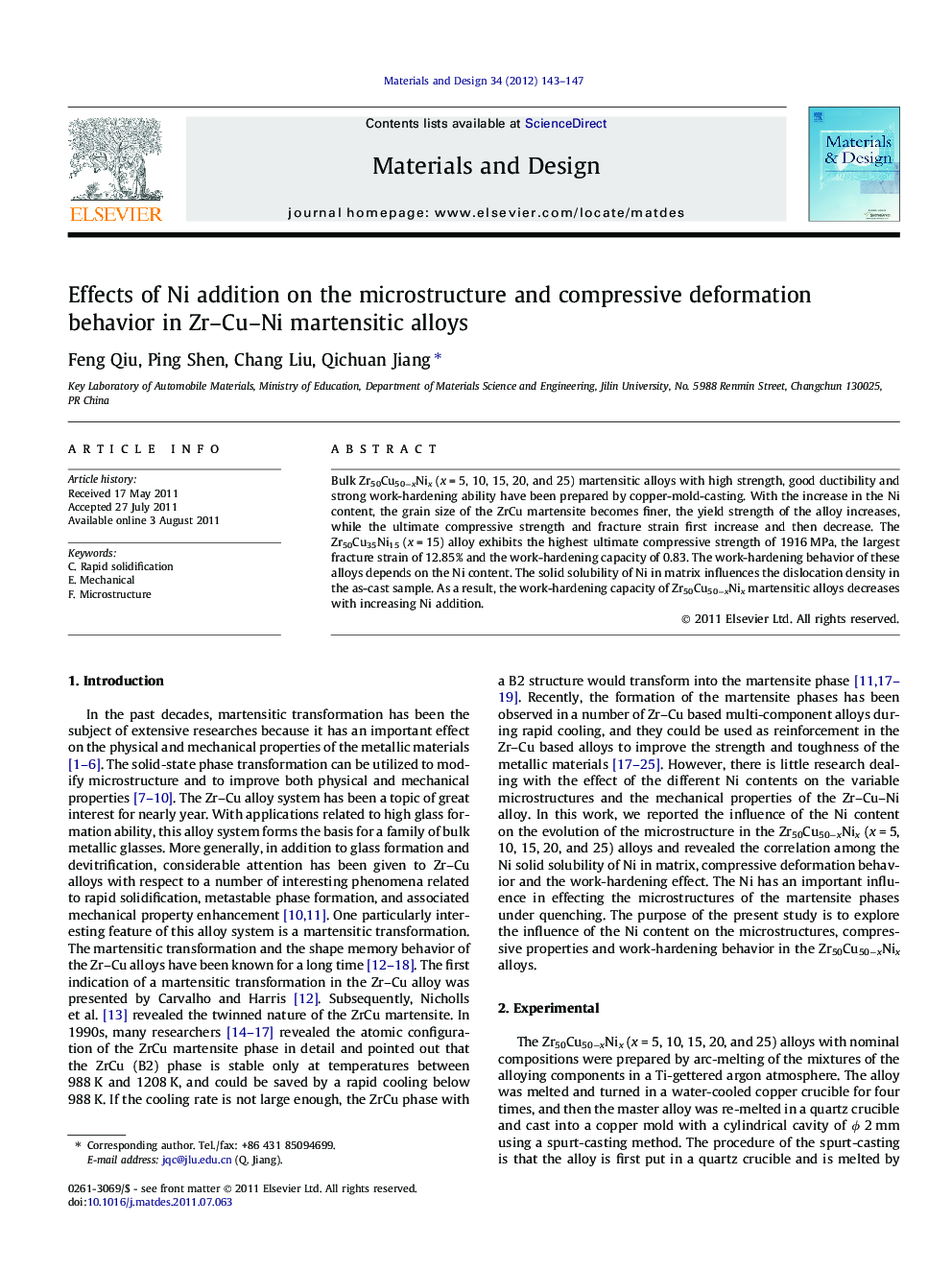Effects of Ni addition on the microstructure and compressive deformation behavior in Zr–Cu–Ni martensitic alloys