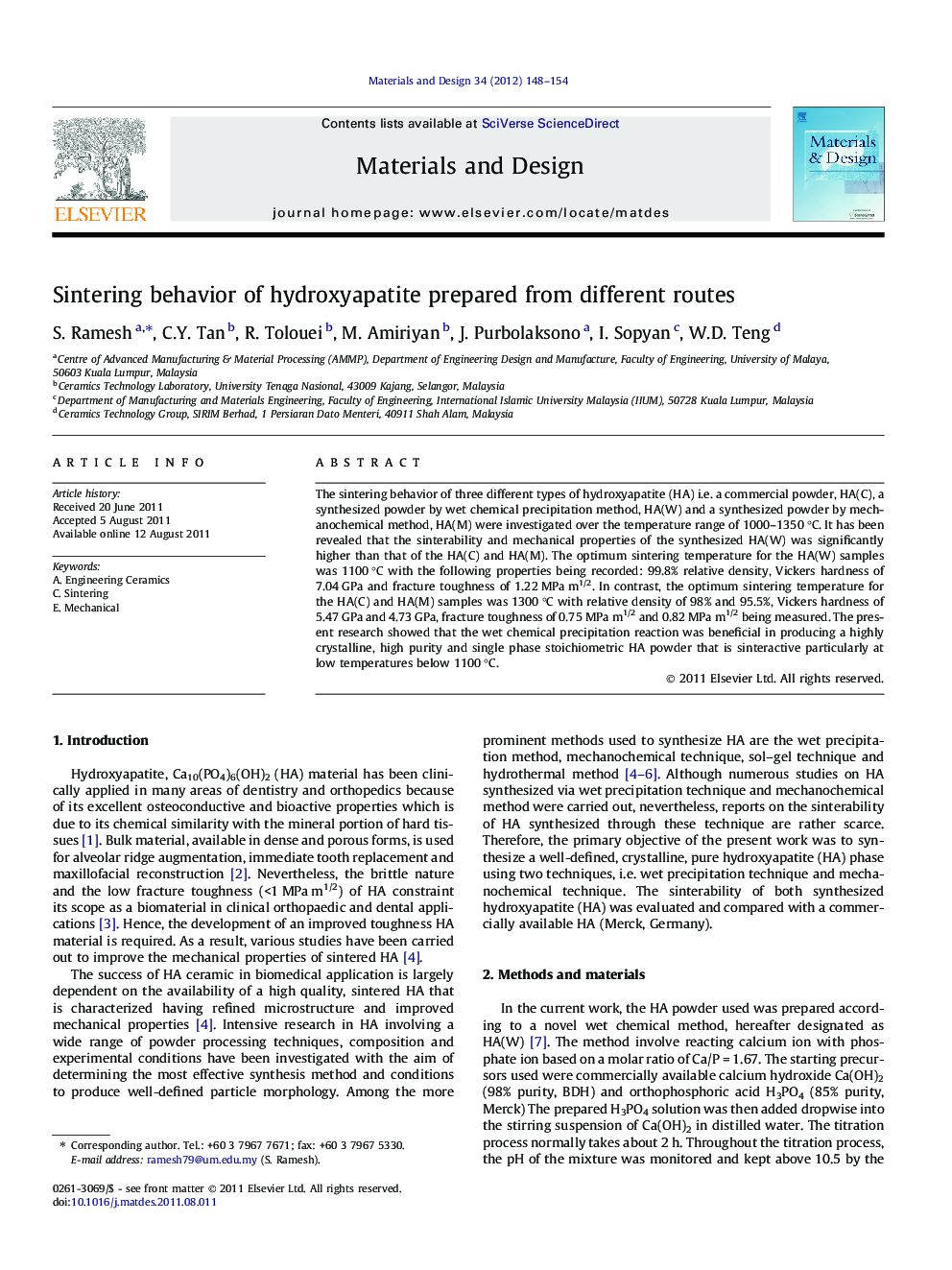 Sintering behavior of hydroxyapatite prepared from different routes