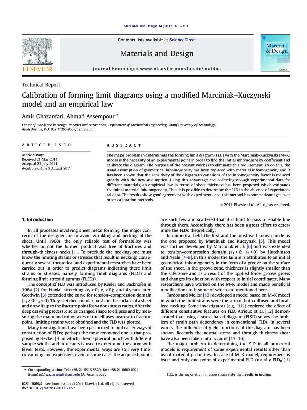 Calibration of forming limit diagrams using a modified Marciniak–Kuczynski model and an empirical law