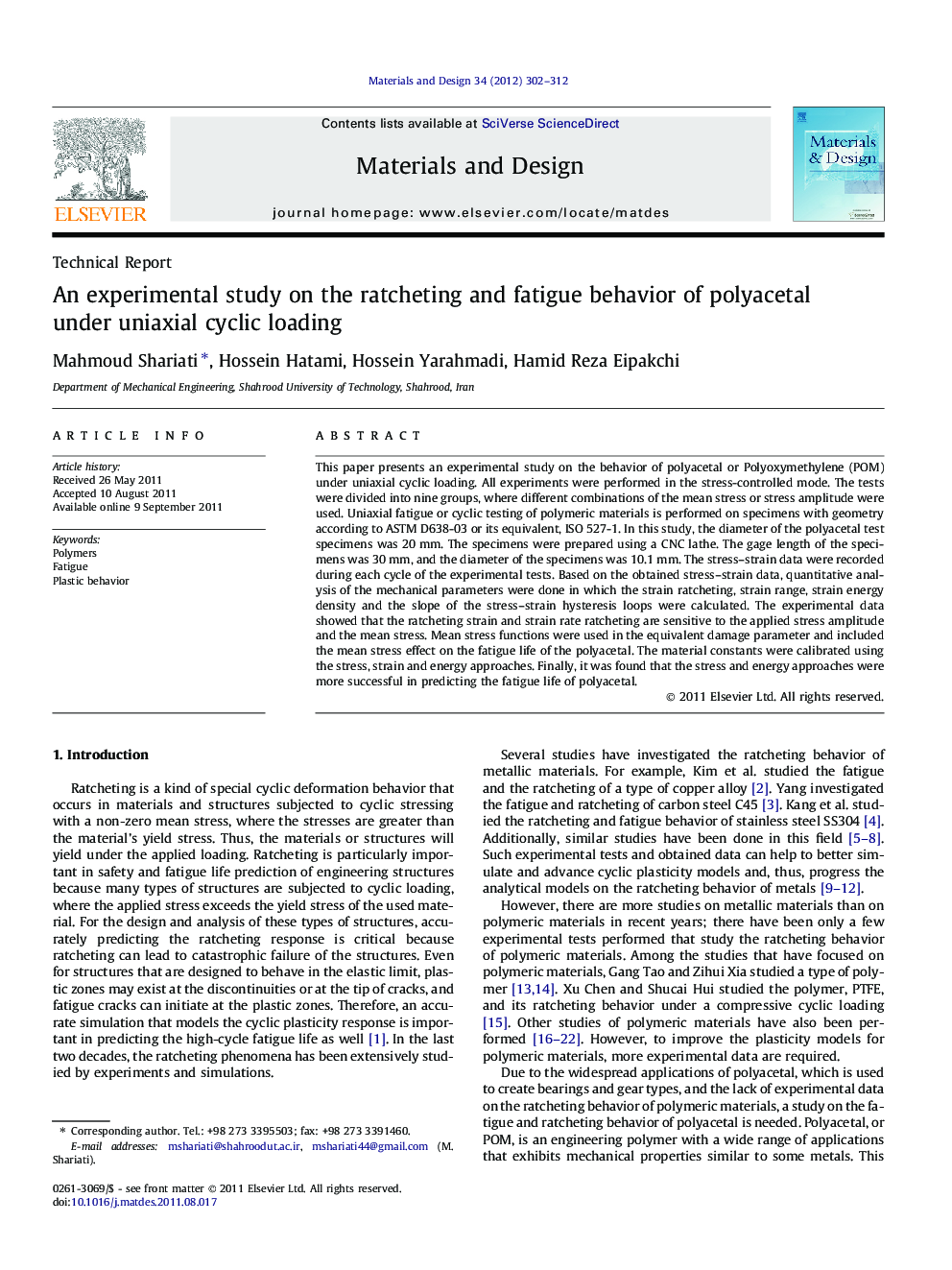 An experimental study on the ratcheting and fatigue behavior of polyacetal under uniaxial cyclic loading