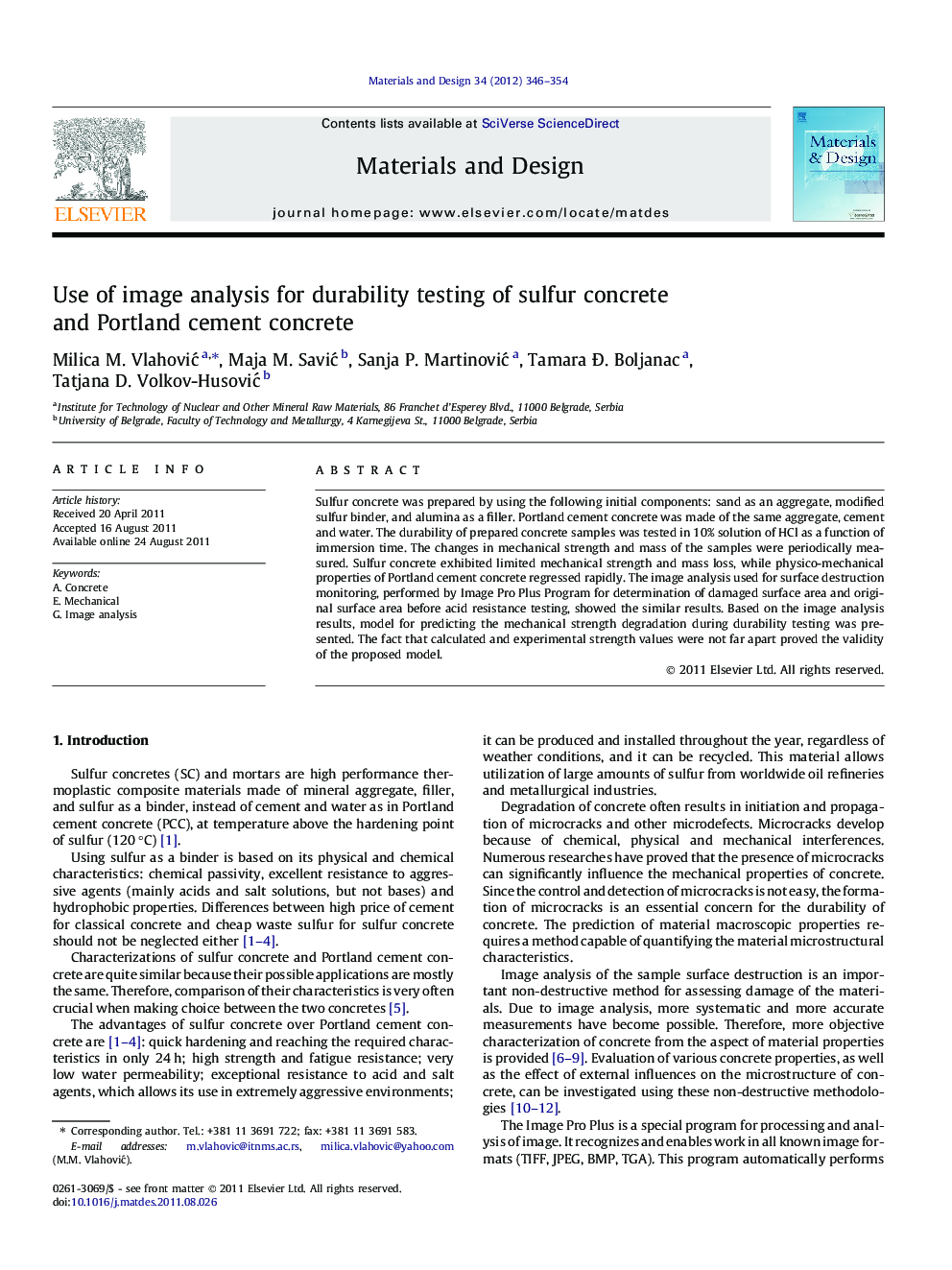 Use of image analysis for durability testing of sulfur concrete and Portland cement concrete