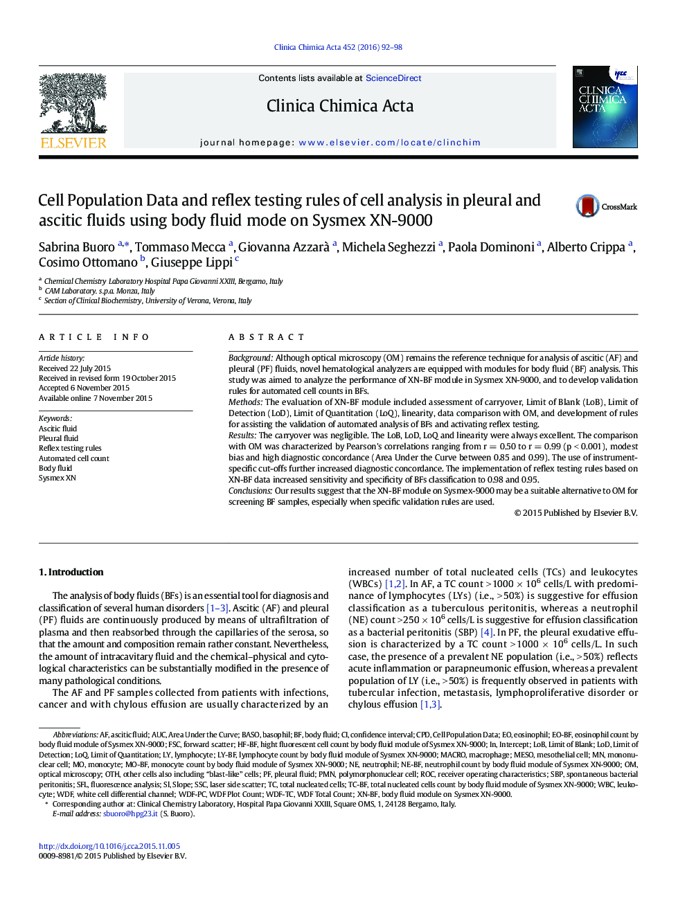Cell Population Data and reflex testing rules of cell analysis in pleural and ascitic fluids using body fluid mode on Sysmex XN-9000