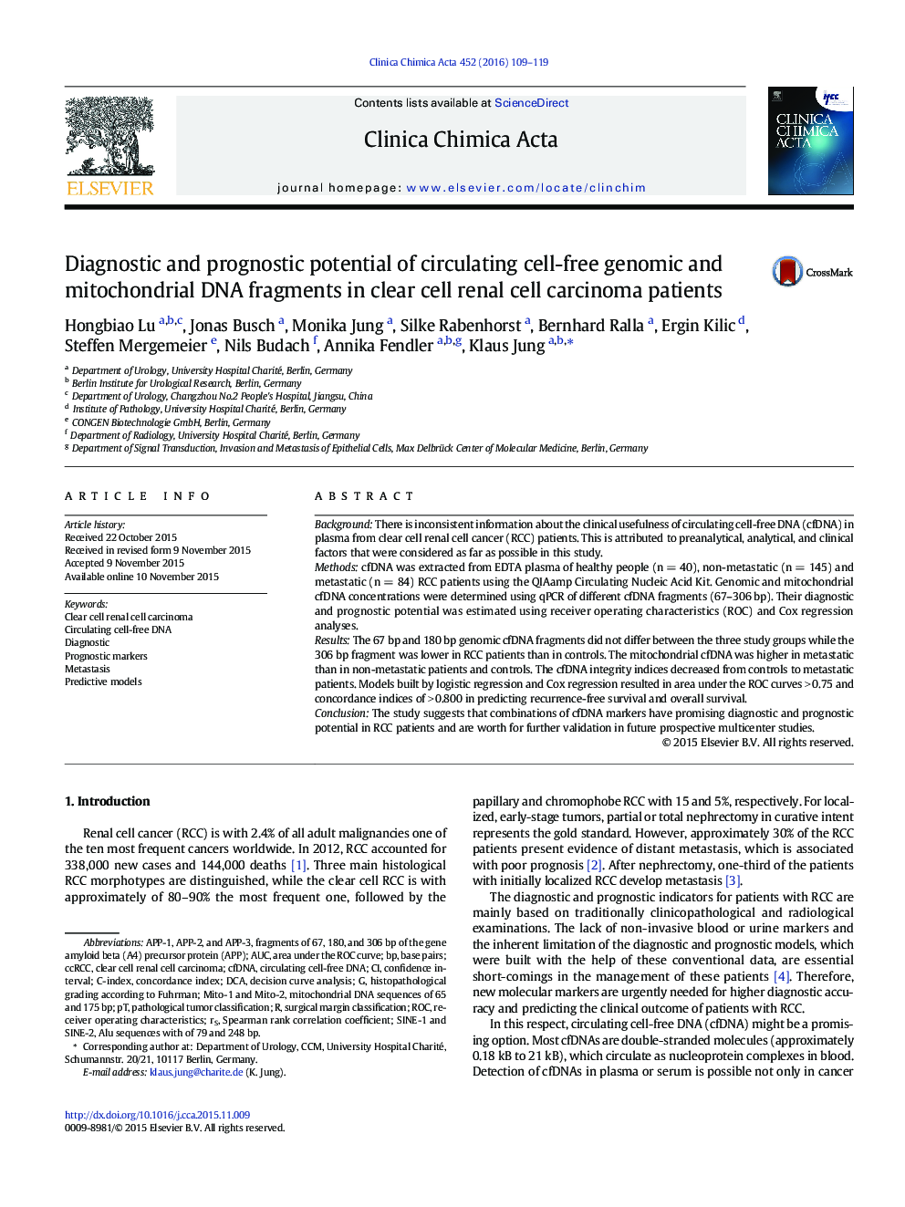 Diagnostic and prognostic potential of circulating cell-free genomic and mitochondrial DNA fragments in clear cell renal cell carcinoma patients