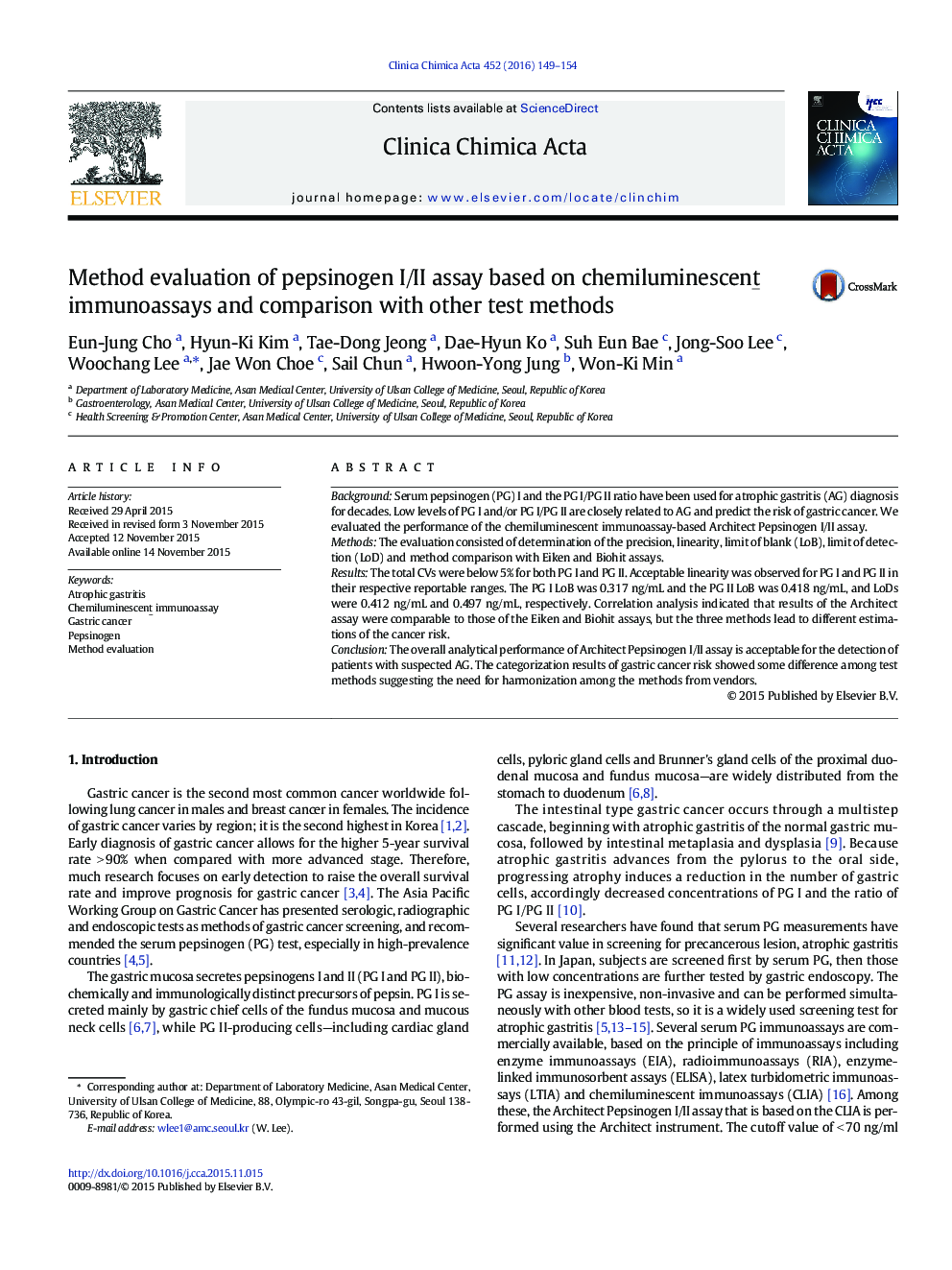 Method evaluation of pepsinogen I/II assay based on chemiluminescent immunoassays and comparison with other test methods