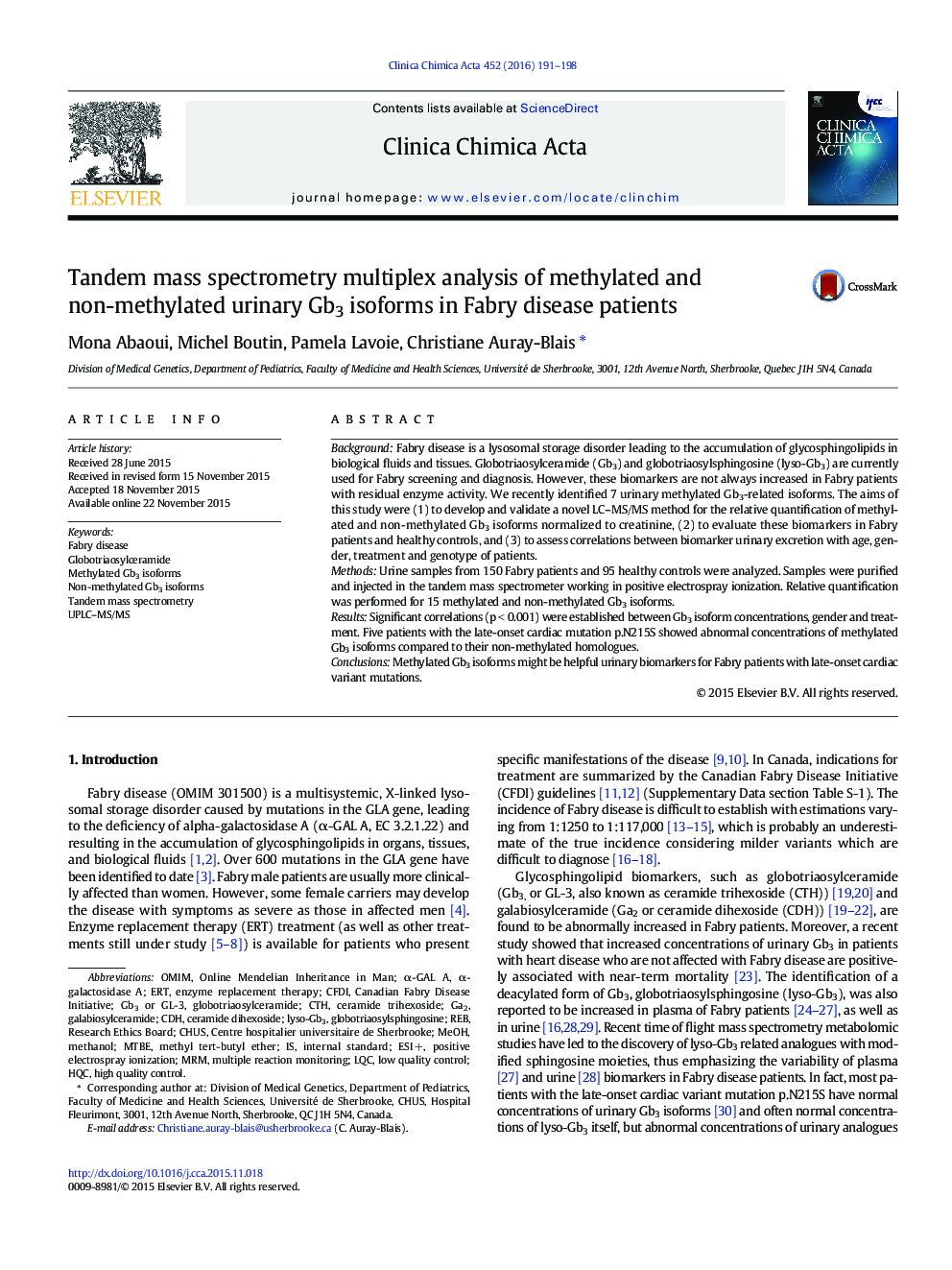 Tandem mass spectrometry multiplex analysis of methylated and non-methylated urinary Gb3 isoforms in Fabry disease patients