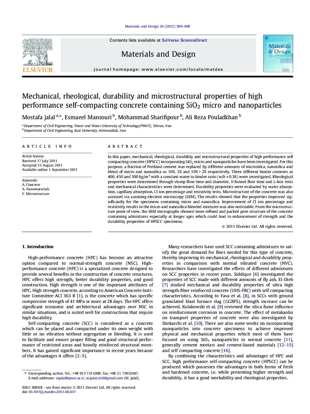 Mechanical, rheological, durability and microstructural properties of high performance self-compacting concrete containing SiO2 micro and nanoparticles