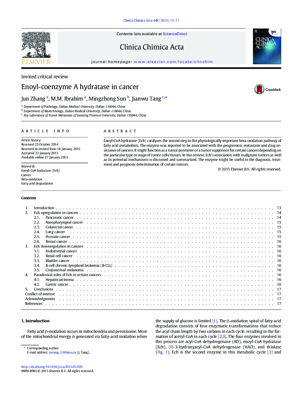 Enoyl-coenzyme A hydratase in cancer