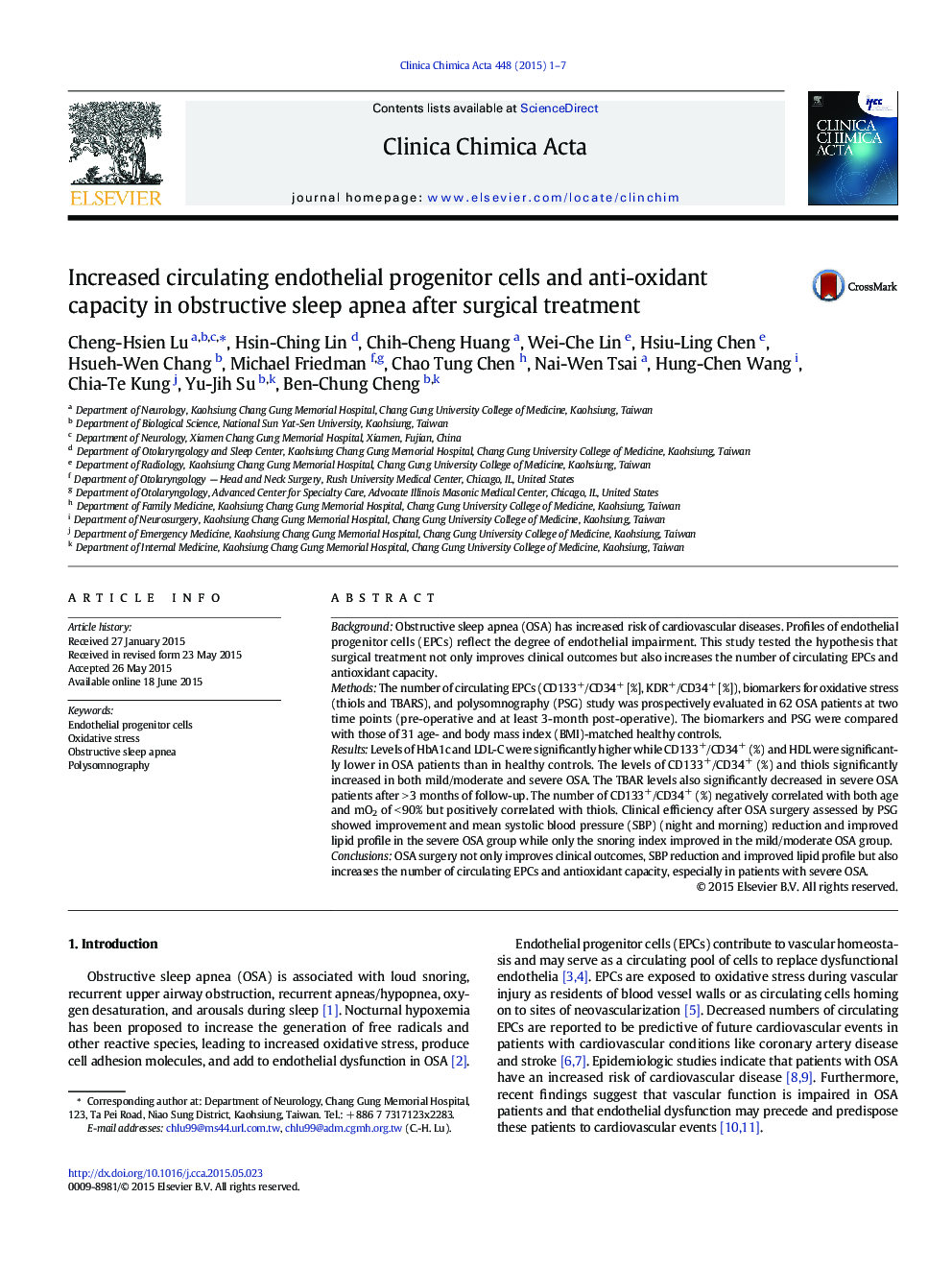Increased circulating endothelial progenitor cells and anti-oxidant capacity in obstructive sleep apnea after surgical treatment